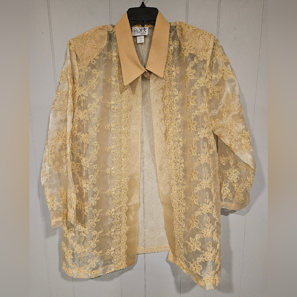3K Fashion Sheer Yellow Floral Embroidered Cover Up 1X Single Button See Through